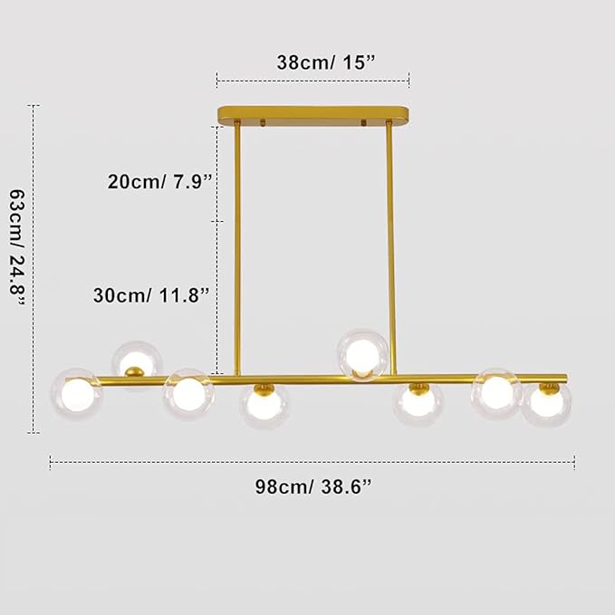HAMPTON - Lustre horizontal moderne G9, doré. 8 tête