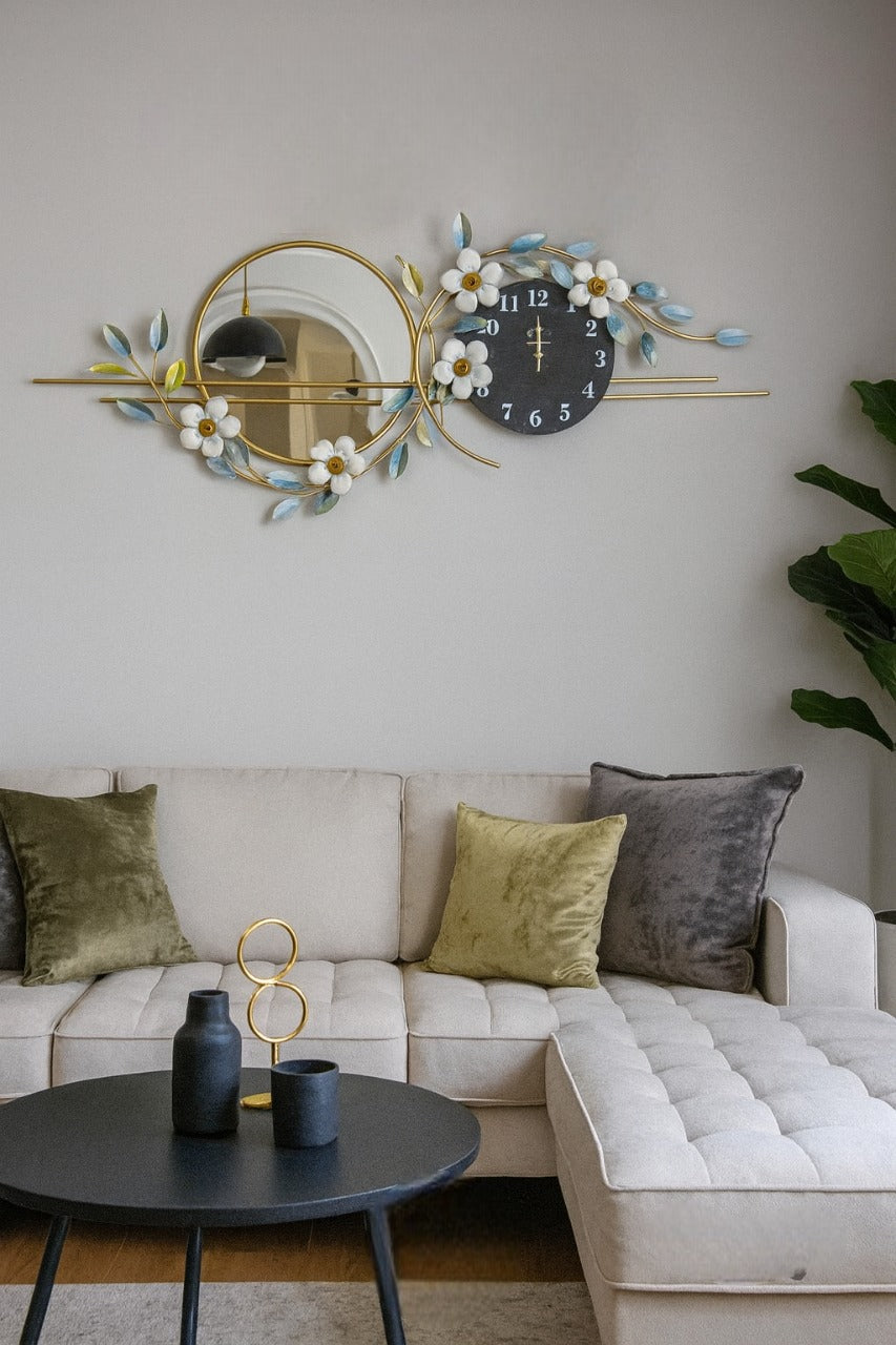 Horloge murale avec fleurs et miroir décoratif